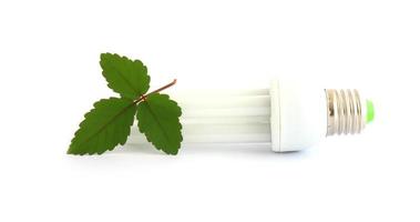 energie besparing lamp met groen blad Aan wit foto