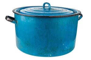 oud groot geëmailleerd blauw pot met Hoes geïsoleerd Aan wit achtergrond foto