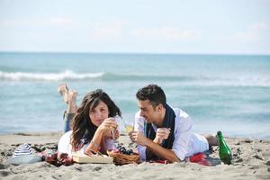 jong paar genieten van picknick Aan de strand foto