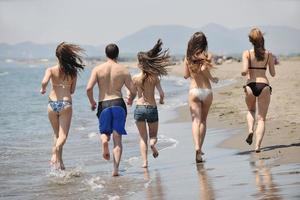 gelukkig jong mensen groep hebben pret Aan strand foto