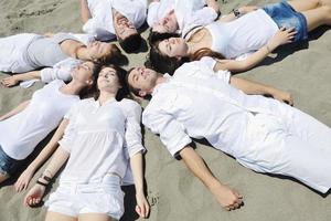 groep van gelukkig jong mensen in hebben pret Bij strand foto