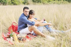 gelukkig paar genieten van platteland picknick in lang gras foto