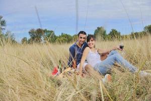 gelukkig paar genieten van platteland picknick in lang gras foto