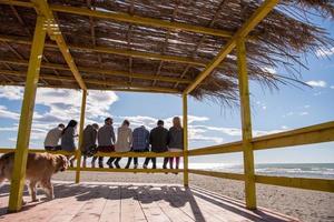 groep van vrienden hebben pret Aan herfst dag Bij strand foto