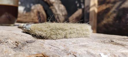 oud borstel met haveloos borstelharen Aan lang hout foto