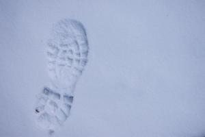 voetafdruk van een wandelen bagageruimte Aan de maagd sneeuw foto