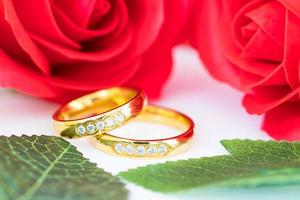 dichtbij omhoog goud ring en rood rozen Aan wit foto