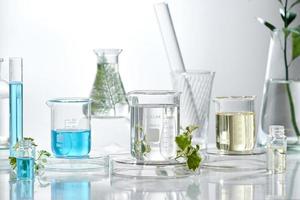 cosmetisch laboratoriumonderzoek en -ontwikkeling. science bio huidverzorging crème serum product met bladeren. natuurlijke biologische schoonheid cosmetica concept. cosmetologie. foto