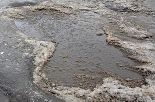 beschadigd asfalt weg met kuilen veroorzaakt door bevriezing en ontdooien cycli gedurende de winter. arm weg foto