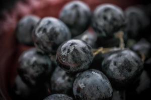 een detailopname foto van zwart druiven in een rood kom