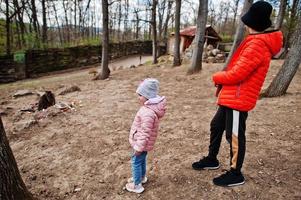 broer met zus tegen klein kangoeroes eten voedsel in stad dierentuin. foto