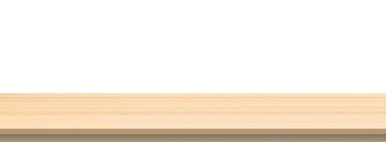 leeg houten tafel top geïsoleerd Aan wit achtergrond voor Product Scherm montage foto