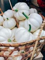 decoratief wit pompoenen stapel in mand Aan markt foto