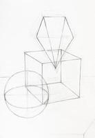 schetsen van samenstelling met bal, kubus en piramide foto