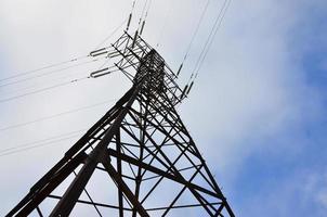 hoog Spanning elektrisch toren. elektriciteit transmissie pyloon foto