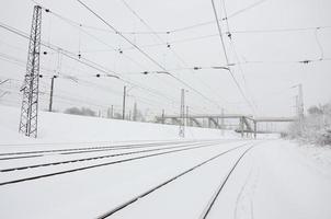 winter spoorweg landschap, spoorweg sporen in de met sneeuw bedekt industrieel land foto