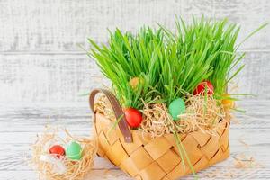 Pasen mand met groen gras gevulde met helder gekleurde Pasen eieren. gelukkig Pasen. foto