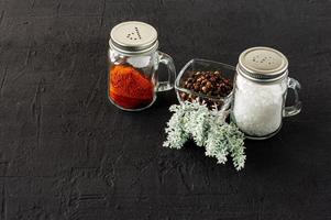 peper en zout glas schudders Aan een zwart beton pagina met kopiëren ruimte foto