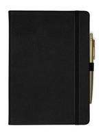kwaliteit zwart leer notitieboekje met gouden pen gehecht geïsoleerd Aan wit achtergrond foto
