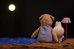 teddy beer en konijn poppen acteren net zo paar zittend Aan een hout met kleurrijk paraplu en op zoek Bij de maan in de romantisch nacht Bij de kust van blauw zee. foto