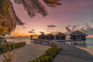 Malediven resort eiland in zonsondergang met houten steiger, verbazingwekkende kleurrijke lucht. perfecte zonsondergang strand landschap. detail van palmbladeren op de voorgrond. vakantie en strandontspanning, zomervakantie achtergrond foto