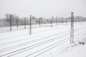 winter spoorweg landschap, spoorweg sporen in de met sneeuw bedekt industrieel land foto