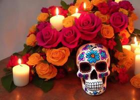 dia de los Muertos Mexicaans dag van de dood tafel samenstelling met schedel, kaarsen, bloemen foto