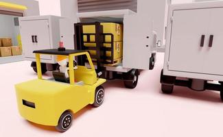 gebouw magazijn met heftruck voor importeren exporteren, goederen karton doos, pallet, vrachtauto geïsoleerd Aan roze achtergrond. logistiek onderhoud concept, 3d geven illustratie foto