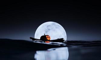 halloween achtergrond 3d weergave. tekenfilm pompoen roeien aan de overkant de oceaan voor halloween boot eng tafereel met de vol maan Aan donker nacht blauw van de zee. illustratie ontwerp voor halloween achtergrond foto