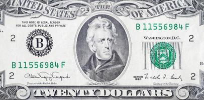 portret van ons president andrew Jackson Aan 20 dollars bankbiljet detailopname macro fragment foto