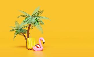 3d zomer zee strand met koffer, opblaasbaar flamingo, palm boom geïsoleerd Aan geel achtergrond. zomer reizen concept, 3d geven illustratie foto