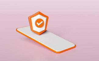 3d oranje mobiel telefoon of smartphone met schild controleren geïsoleerd Aan roze achtergrond. internet veiligheid, privacy bescherming, ransomware beschermen, scherm sjabloon, mockup concept, 3d geven illustratie foto