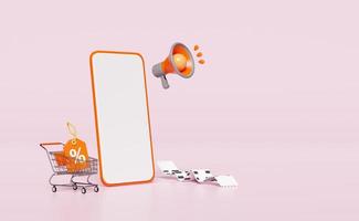 3d oranje mobiel telefoon met megafoon, boodschappen doen kar, mand, papier bon geïsoleerd Aan roze achtergrond. Promotie, korting verkoop voor boodschappen doen online concept, scherm sjabloon, model, 3d geven foto