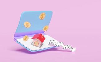 3d bank account Open boek, bankboekje met huis, dollar geld munten geïsoleerd Aan roze achtergrond. factuur, elektronisch rekening, besparing geld concept, 3d geven illustratie, knipsel pad foto