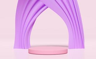 3d roze stadium podium leeg met Purper zacht kleding stof, abstract meetkundig kunstmatig vitrine voetstuk roze achtergrond. minimaal modern tafereel, 3d geven illustratie foto