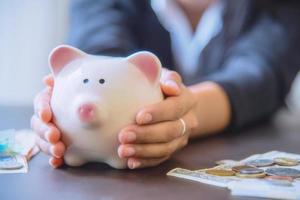 varkentje bank in hand- met contant geld stapel. foto