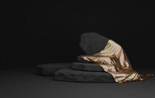gebroken steen plint met gouden zijde Aan een elegant abstract zwart achtergrond. 3d illustratie 3d renderen foto