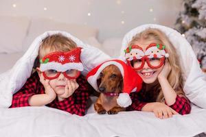 twee kinderen een jongen en een meisje zijn aan het liegen in bed met hun geliefde huisdier voor kerstmis. hoog kwaliteit foto