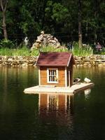 vijver met vogel huis Aan de backdrop van een alpine glijbaan in gorky park, Melitopol foto