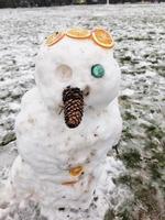 grappig sneeuwman met sinaasappels foto