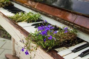 de oud wit piano met bloemen Aan de straat. foto