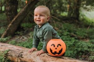 charmant schattig baby jongen met een pompoen mand voor snoepgoed is zittend onder een verspreiden wilg Bij zonsondergang. fantastisch magisch mooi Woud. halloween concept. kind Toneelstukken in de buitenshuis. ruimte voor tekst foto