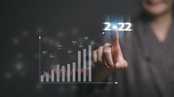 doelwit en doel bedrijf analytics en financieel concept, plannen naar toenemen bedrijf groei en een toenemen in de indicatoren van positief groei in 2022 foto