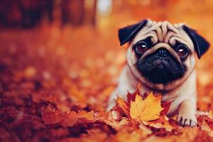 illustratie van mopshond puppy houdende in herfst bladeren. foto