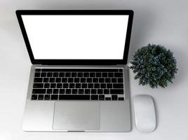 laptop computer blanco scherm en muis Aan wit achtergrond. foto