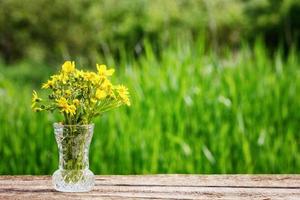 vaas met geel bloemen Aan de tafel Aan een groen achtergrond foto