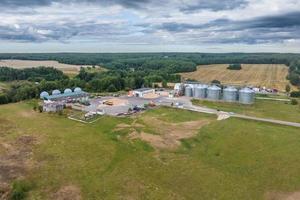 antenne visie Aan rijen van agro silo's graanschuur lift met zaden schoonmaak lijn Aan agro-verwerking fabricage fabriek voor verwerken drogen schoonmaak en opslagruimte van agrarisch producten foto