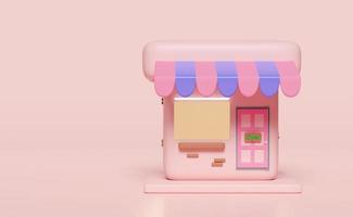 3d winkel of op te slaan voorkant geïsoleerd Aan roze pastel achtergrond. opstarten franchise bedrijf, online boodschappen doen concept, 3d illustratie of 3d veroorzaken, knipsel pad foto