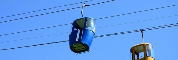 blauw en geel passagier kabel manier hutten in de Doorzichtig lucht foto