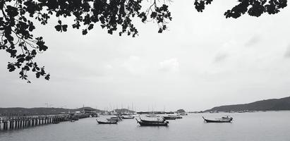 lang brug tussen zee of oceaan met veel boot en wit lucht achtergrond Bij haven phuket, Thailand. zeegezicht visie met berg en natuurlijk en bladeren voorgrond in zwart en wit of monochroom toon. foto